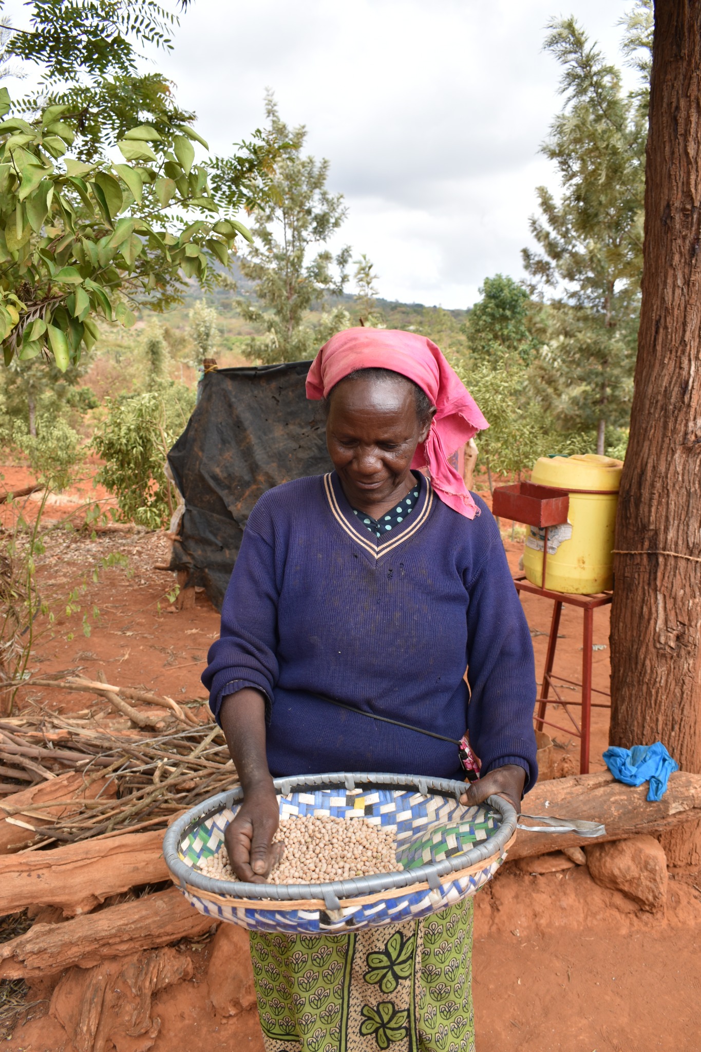 Woman holding a basket of beans