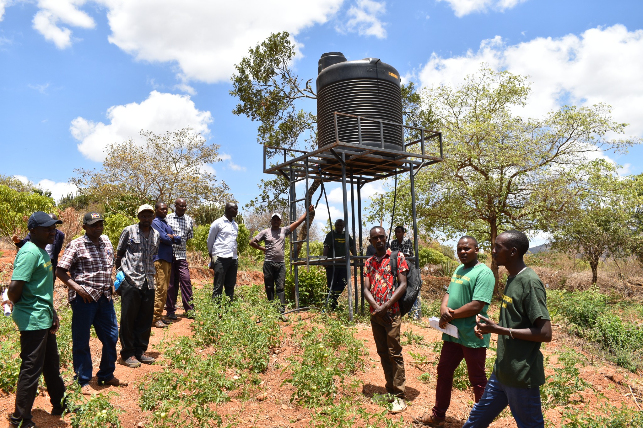 A group gathered by the elevated water storage tank and growing crops
