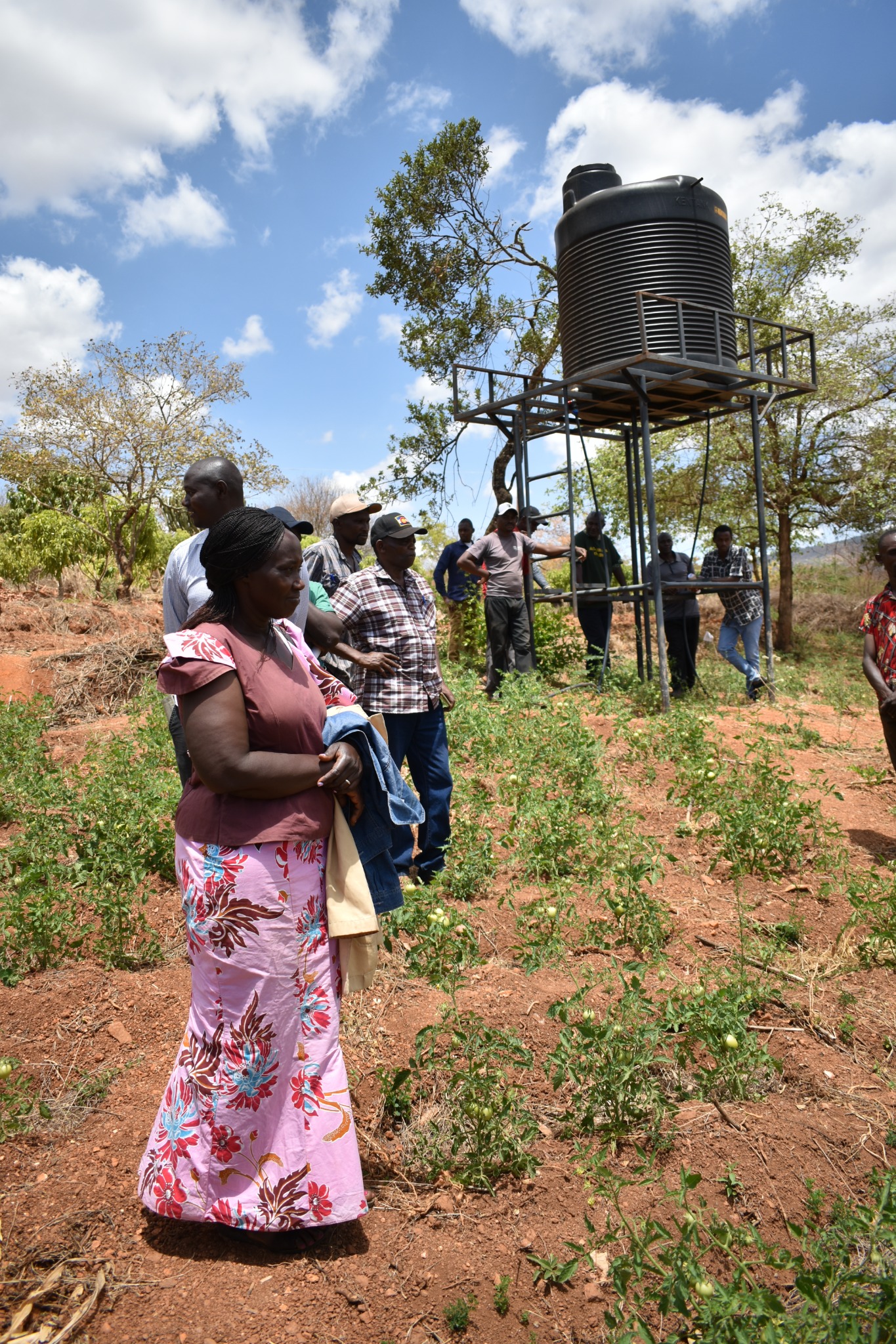 Visitors and community members among crops near the elevated water tank
